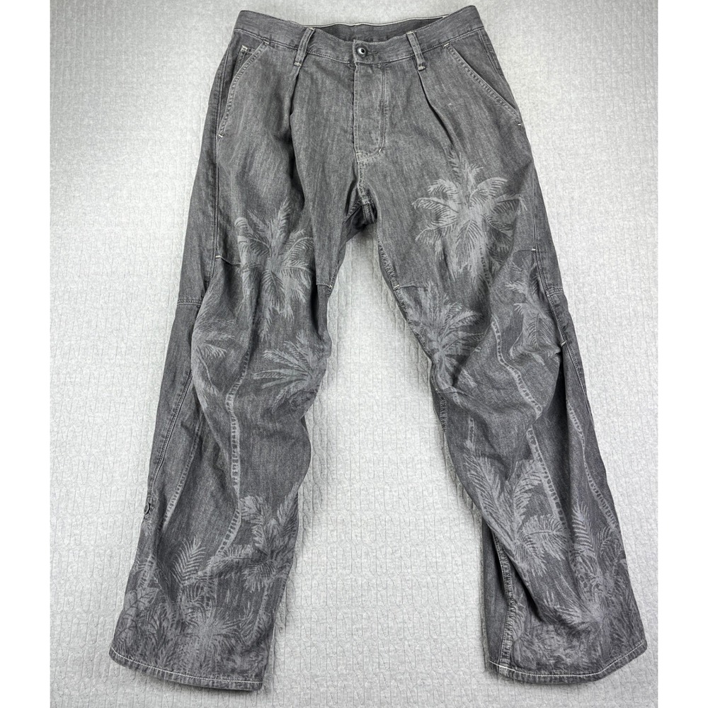 G-Star RAW Baggy‎ Pleated Denim Pant Mens 32x32 Grey Palm Tree Tropical Print